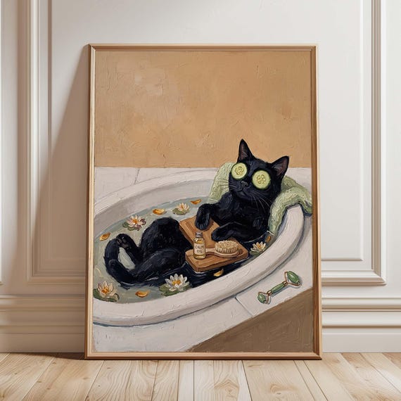 Black Cat Bathtub Art Print Whimsical Spa Bathroom Decor Pet Artwork
