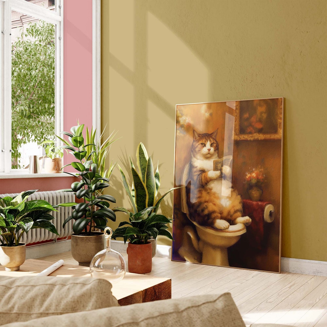 Orange Tabby Cat Sitting On Toilet Reading Newspaper Art Poster - Image 3