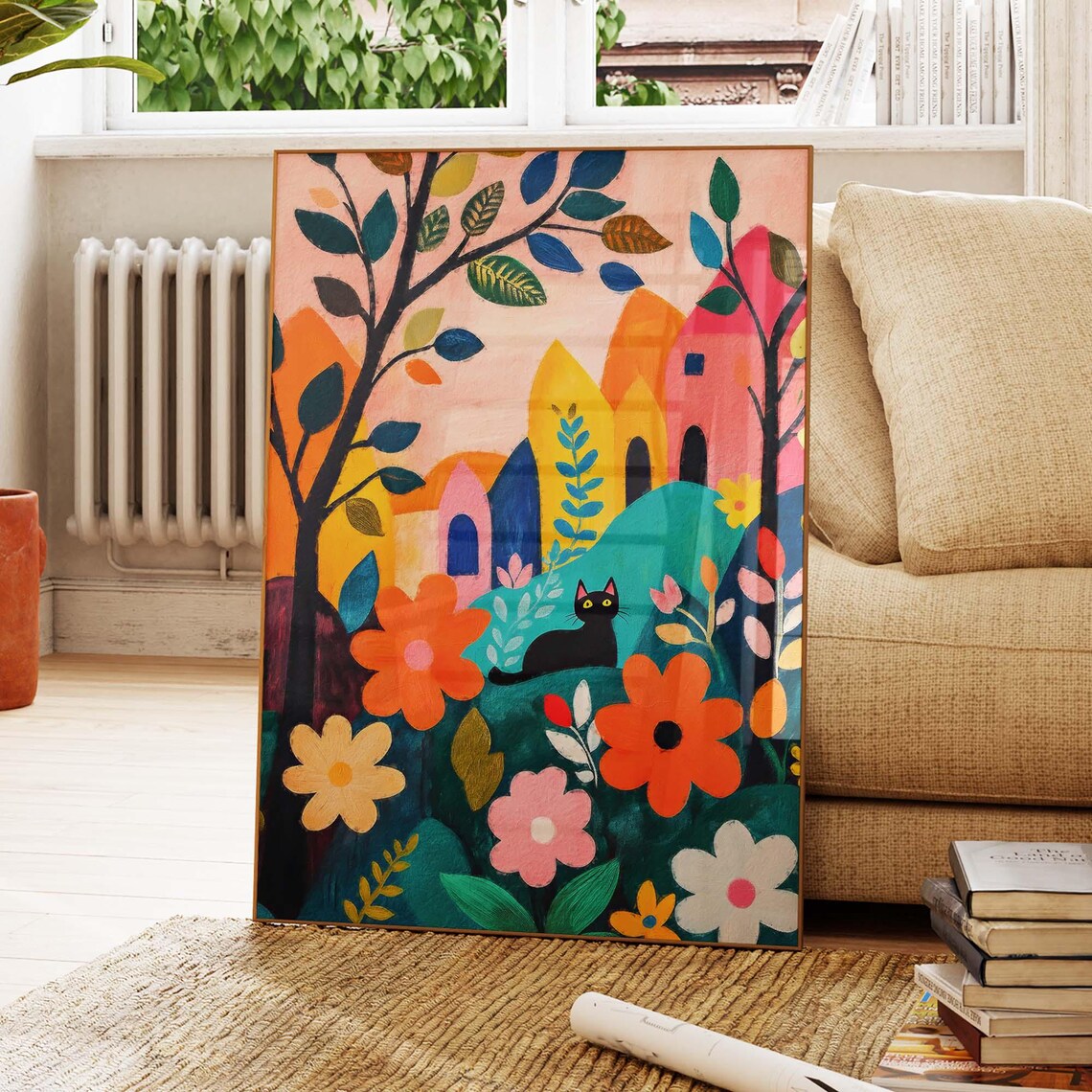 Black Cat in Matisse Style Village Flower Garden Bold Art Poster