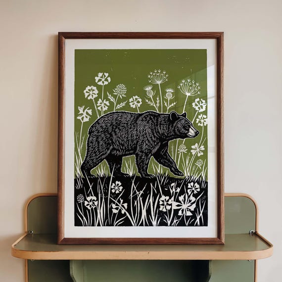 Bear Wall Art Print Woodland Linocut Poster Olive Green Wildlife Decor Folk Nature Block