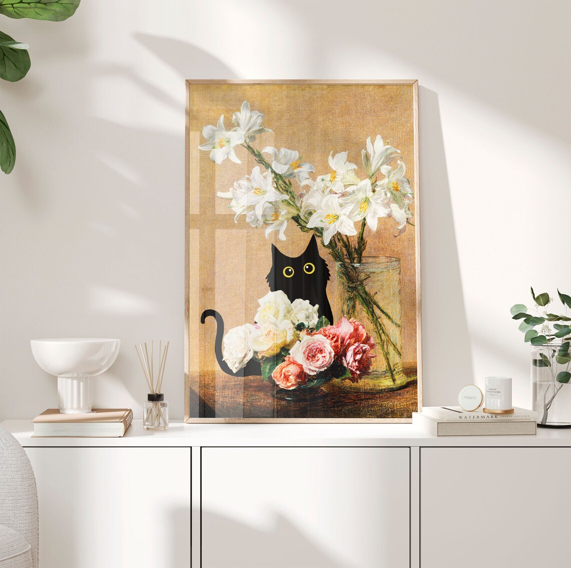 Black Cat Among White Lilies And Roses Still Life Flower Cat Poster - Image 3