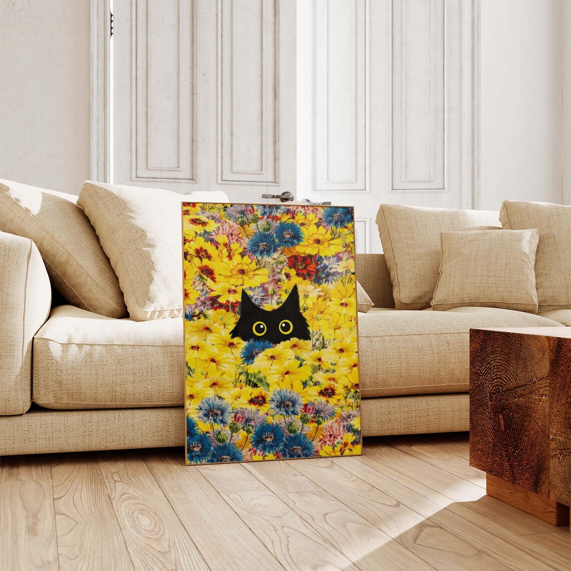 Black Cat Hiding Among Yellow And Blue Wildflowers Botanical Art Poster - Image 2