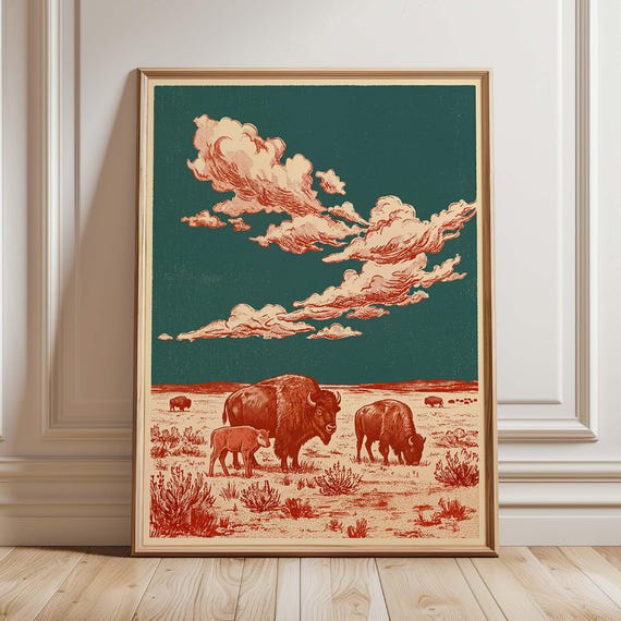Buffalo Wall Art Print Vintage Bison Prairie Poster Western Wildlife Decor Teal Orange Landscape Artwork