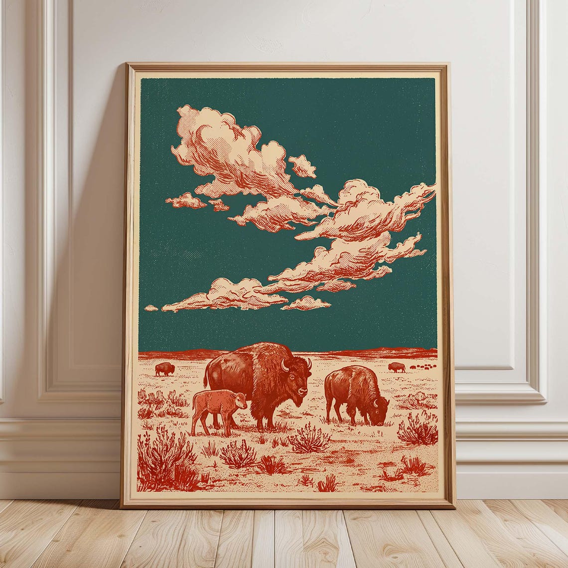 American Bison Herd On Prairie Vintage Western Duotone Wildlife Poster