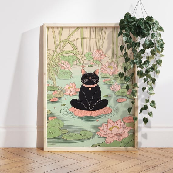 Blac Cat Doing Yoga In Japanese Gargen Print Flower Pond Poster Spiritual Wall Art Neutral Unique Gift Ps0741