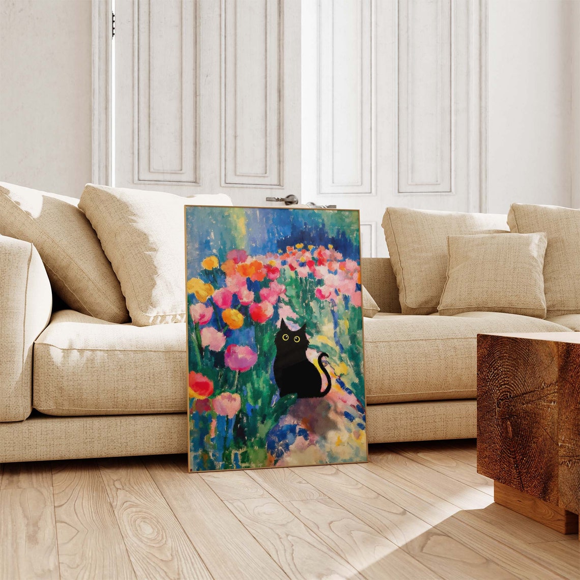 Black Cat In Colorful Matisse Style Tulip Garden Flower Poster - Image 3