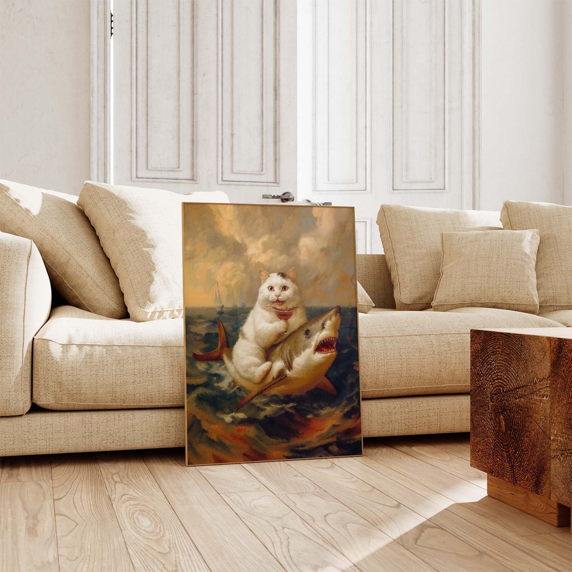 Funny White Cat Riding A Shark Holding A Cocktail In The Ocean Poster - Image 2
