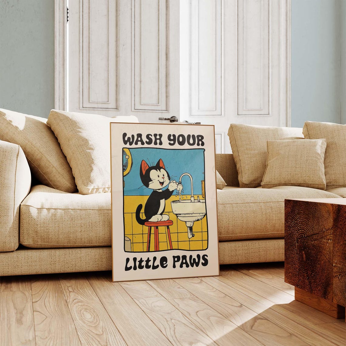 Wash Your Little Paws Cute Cat At The Sink Retro Bathroom Poster - Image 3