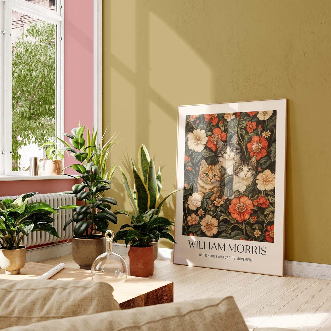 William Morris Inspired Three Kittens Among Red Poppies Floral Poster - Image 3