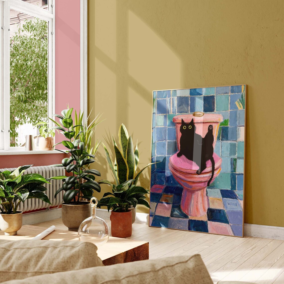Black Cat Sitting On Pink Toilet In Blue Tiled Bathroom Funny Art Poster - Image 2
