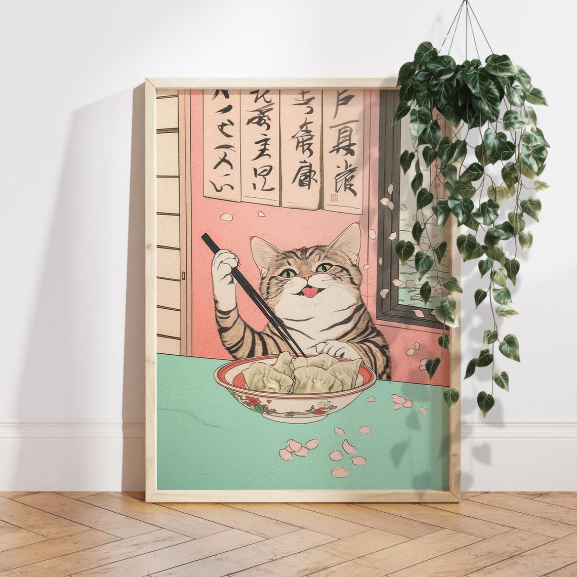 Tabby Cat Eating Gyoza Japanese Woodblock Style Kitchen Art Poster