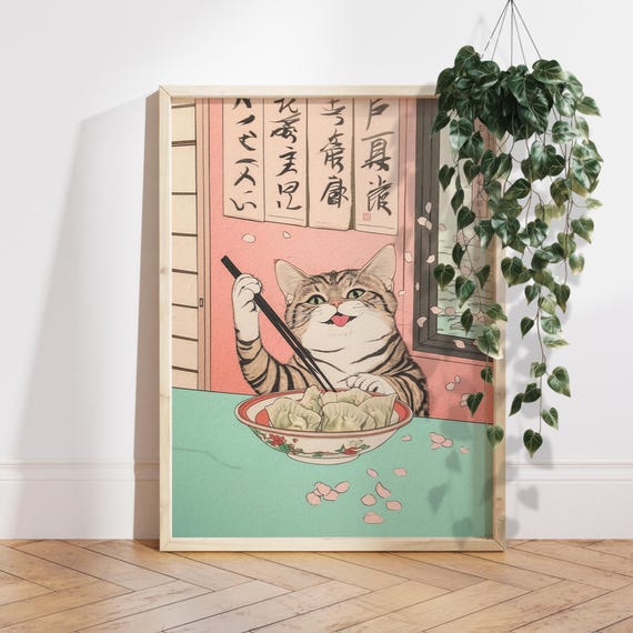 Tabby Cat Eating Gyoza Dumplings Japanese Print Japan Wall Decor Neutral Minimalist Poster Aesthetic Art Unique Lover Gift