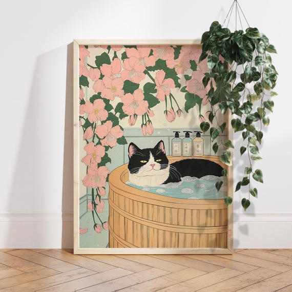 Japanese Bathroom Decor Tuxedo Cat Art Print