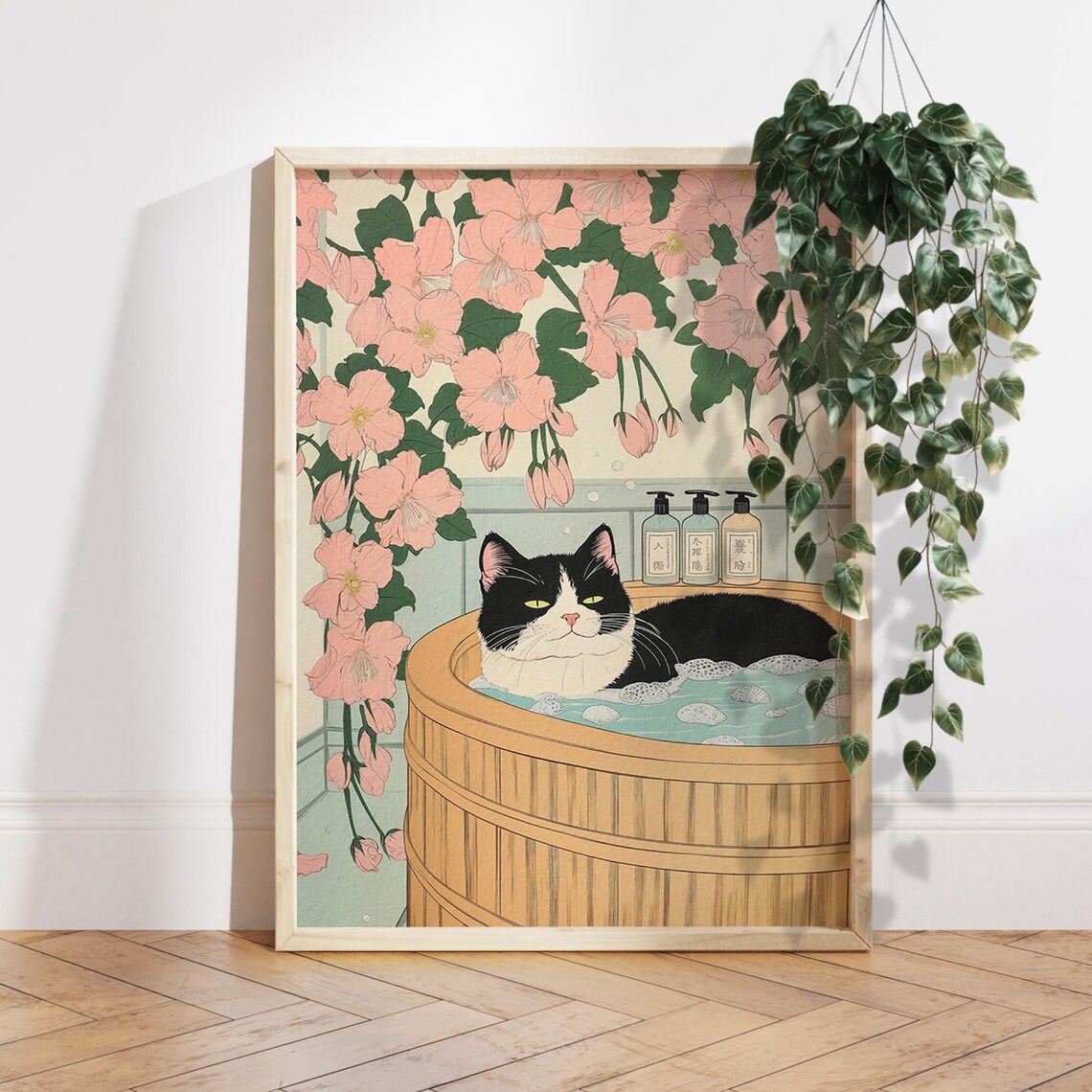 Japanese Bathroom Decor Tuxedo Cat Art Print