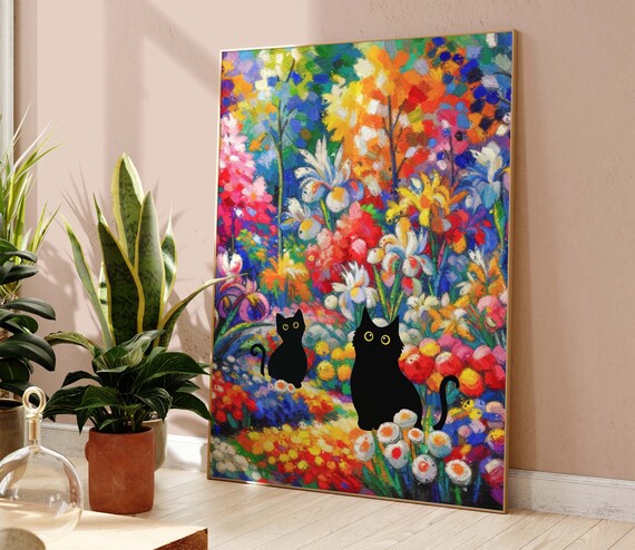 Two Black Cats In Vibrant Impressionist Wildflower Garden Art Poster