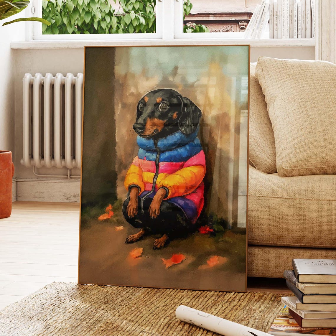 Dachshund Wearing A Colorful Striped Puffer Jacket In Autumn Poster