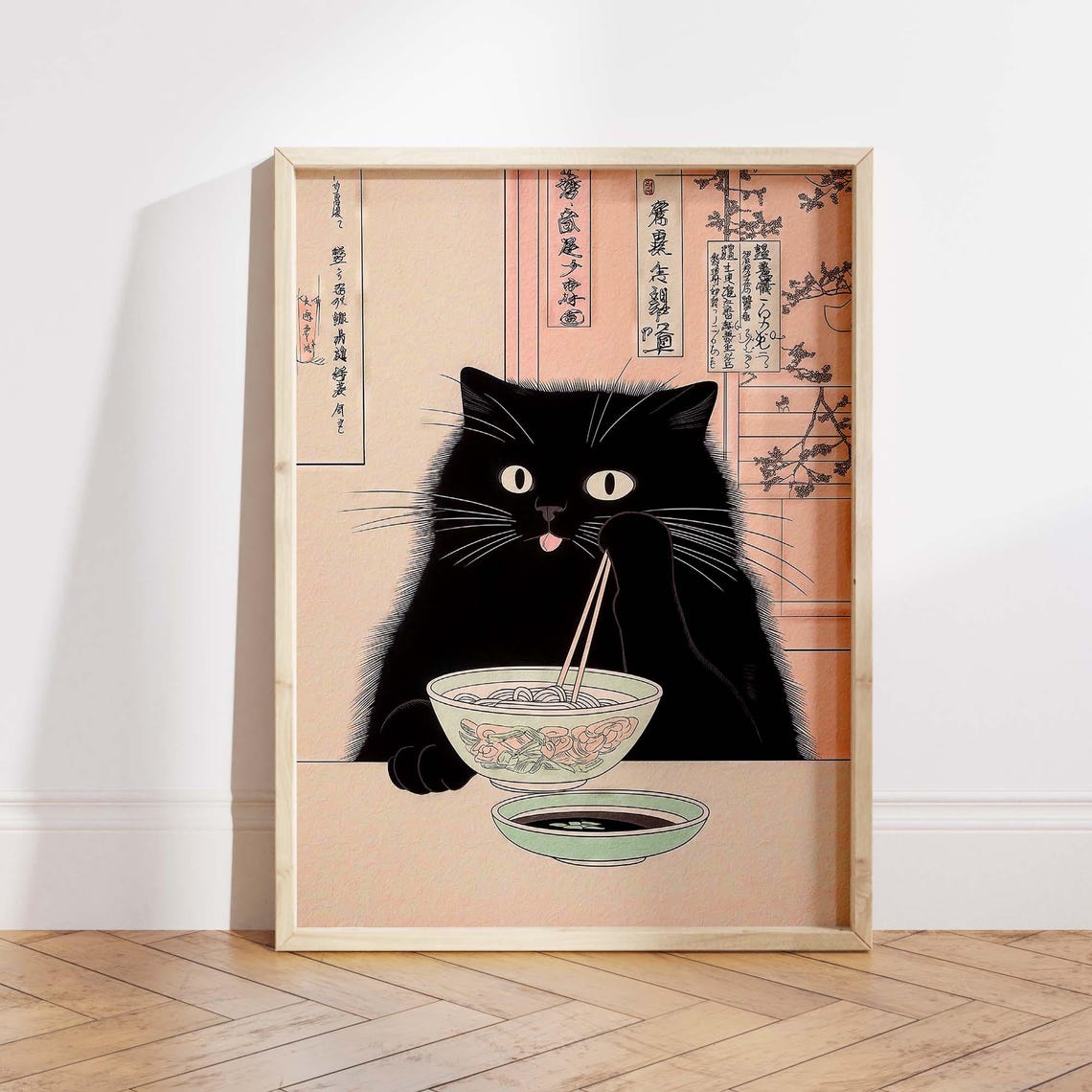 Black Cat Eating Ramen Noodles Japanese Woodblock Art Poster