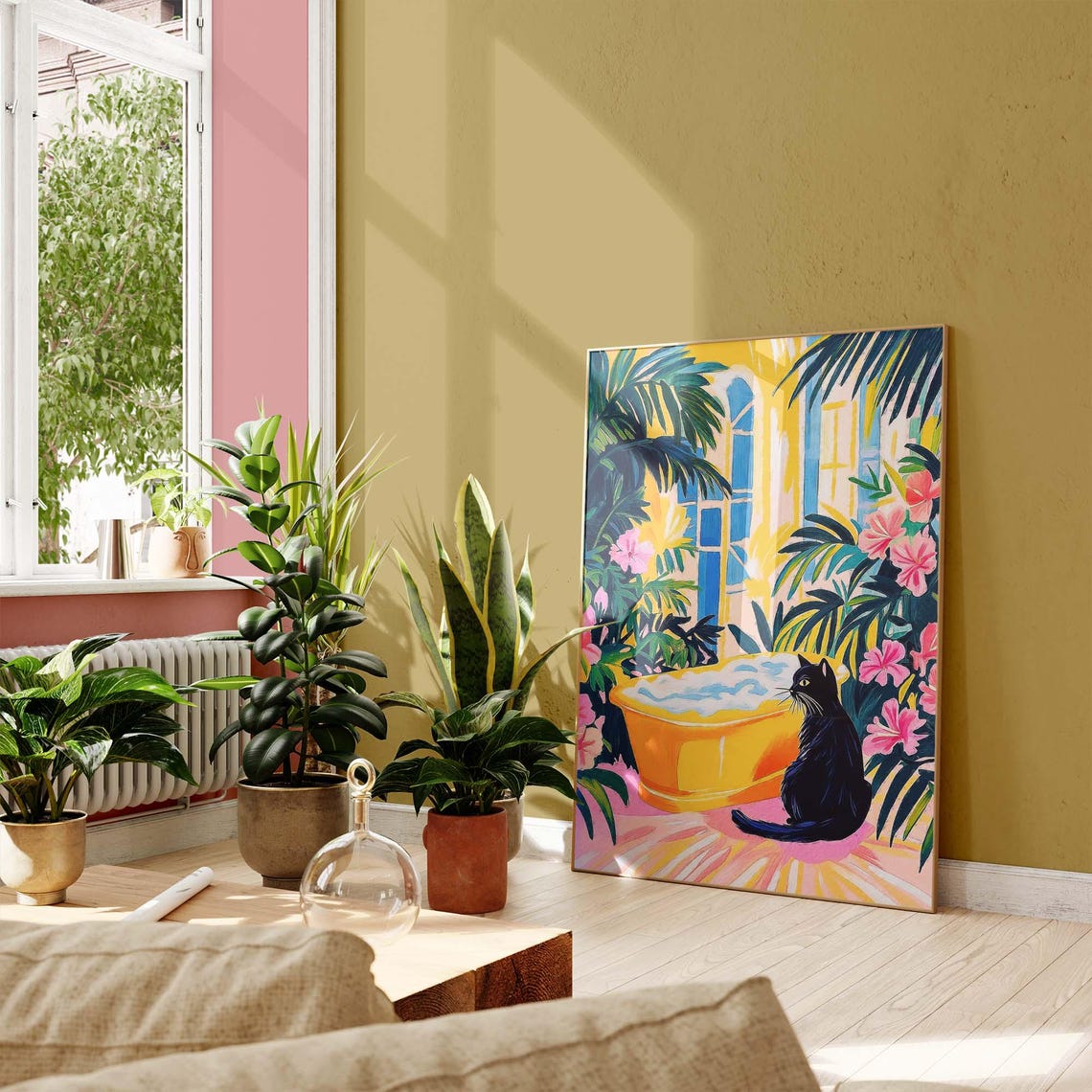 Black Cat Beside Yellow Bathtub Tropical Bathroom Art Poster - Image 2