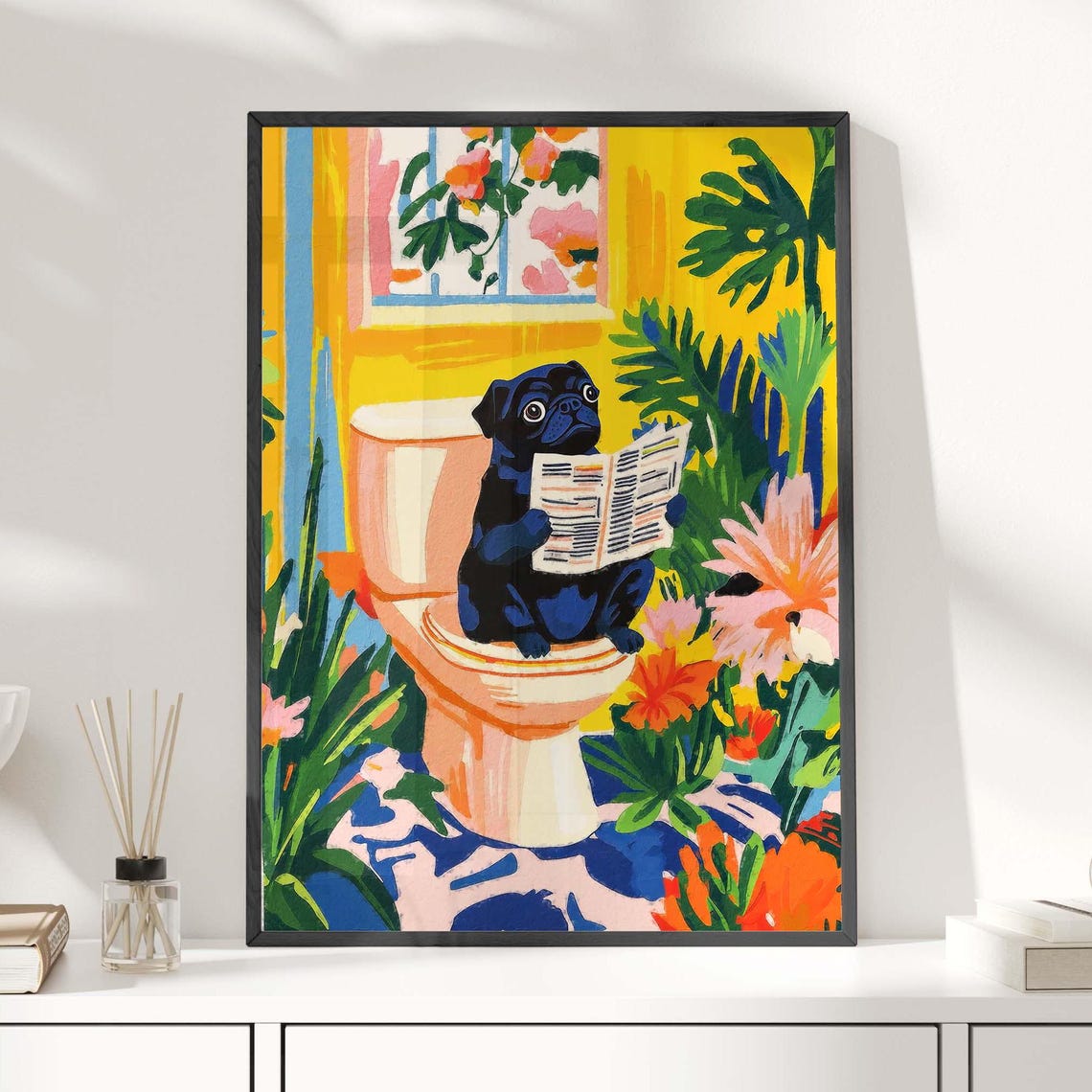 Black Pug Sitting On Toilet Reading Newspaper Tropical Poster - Image 4