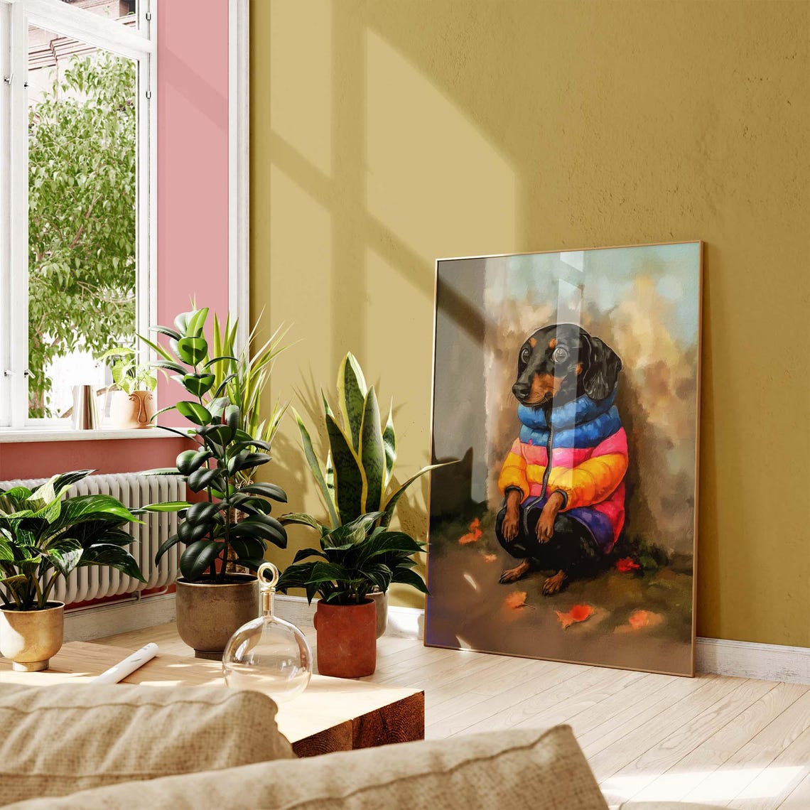 Dachshund Wearing A Colorful Striped Puffer Jacket In Autumn Poster - Image 3