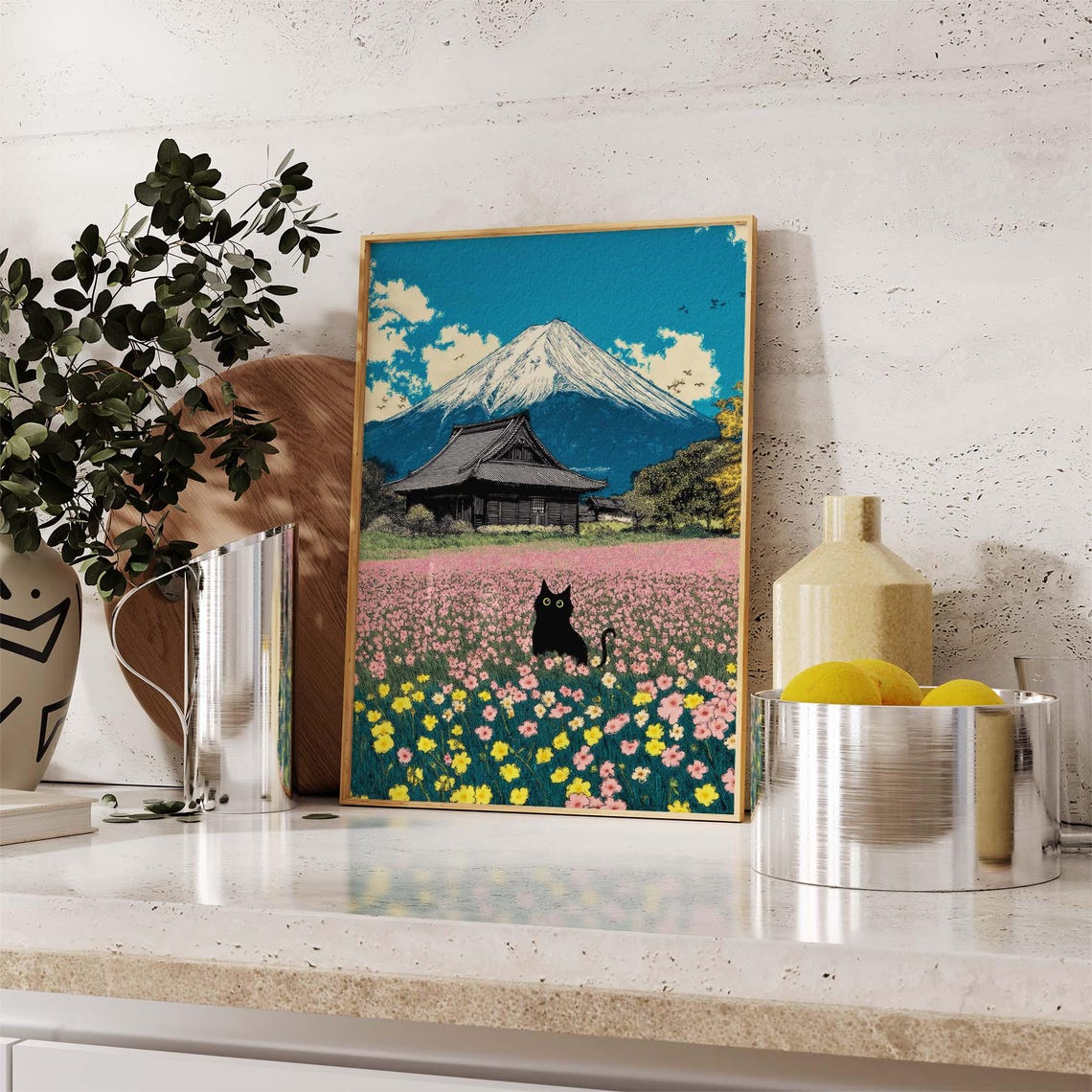 Black Cat In A Flower Field Beneath Mount Fuji Temple Poster - Image 2