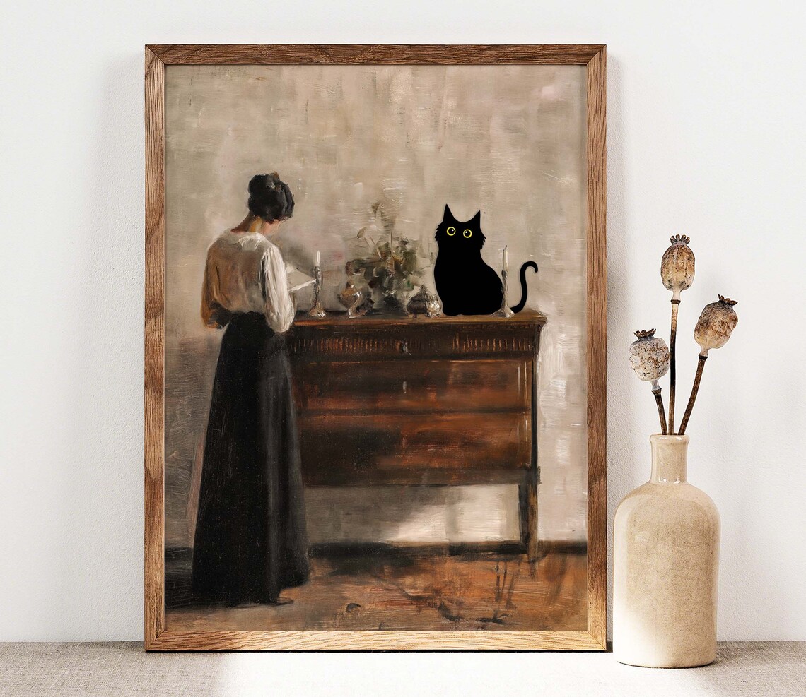 Black Cat Sitting on Dresser Vintage Interior Oil Painting Poster