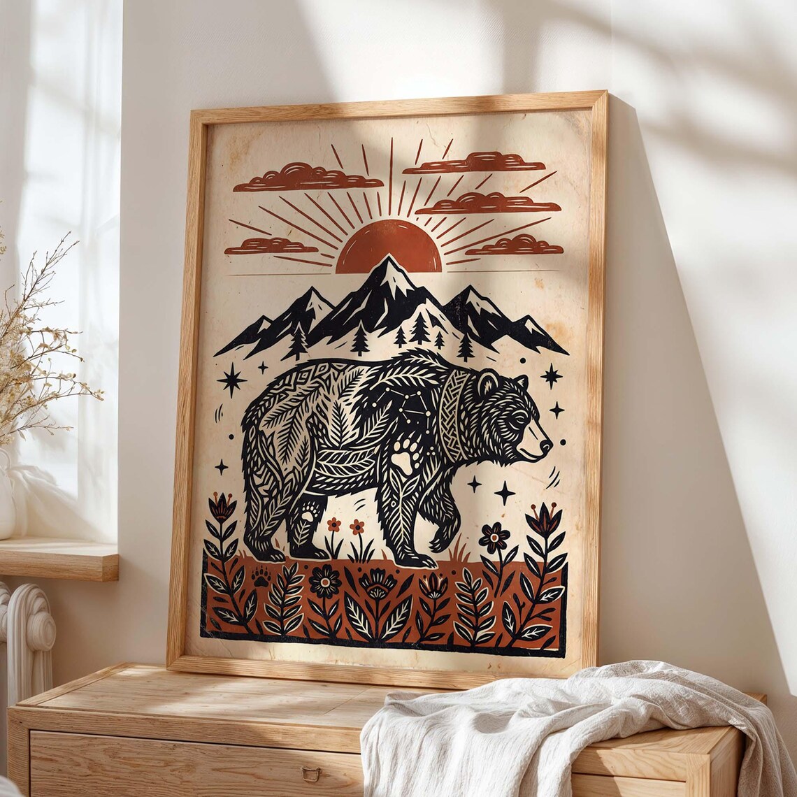 Bear Mountain Rustic Wildlife Poster, Woodland Folk Decor