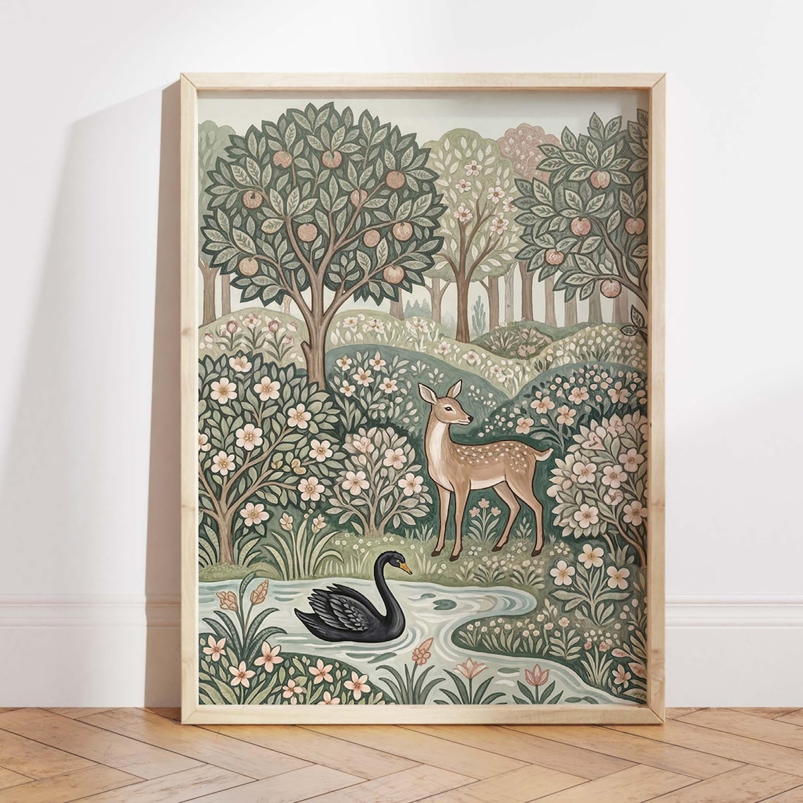 William Morris Woodland Deer And Black Swan Poster