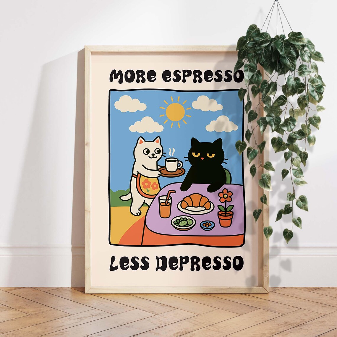 More Espresso Less Depresso Black Cat Art Print