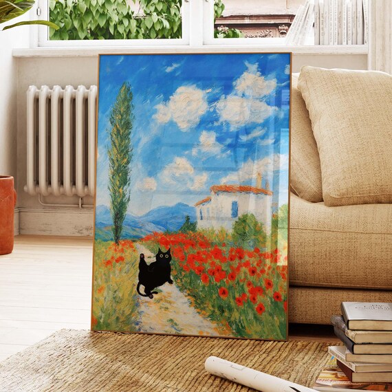 Black Cat On Path Through Monet Inspired Poppy Field Country House Poster