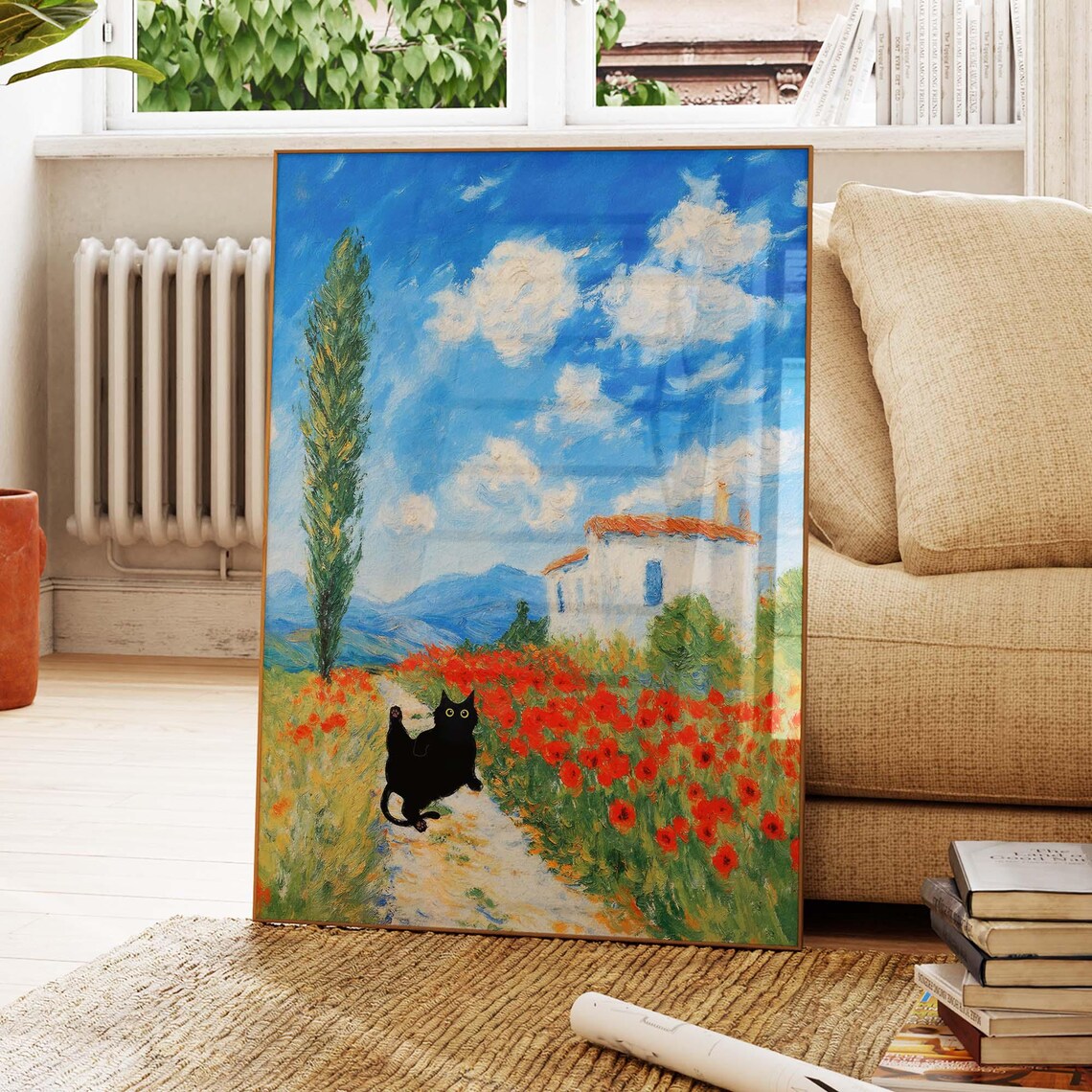 Black Cat On Path Through Monet Inspired Poppy Field Country House Poster