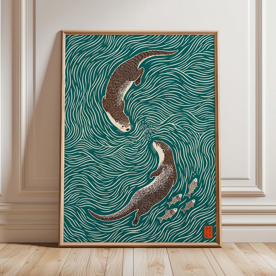 Otter Japanese Woodblock Style Art Print