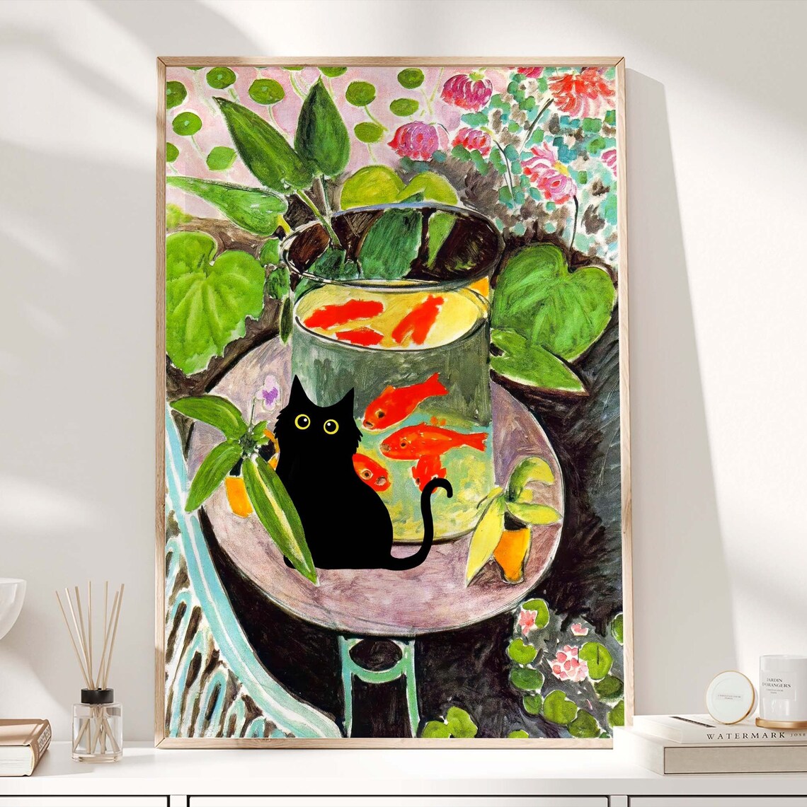 Black Cat Beside A Goldfish Bowl In A Lush Floral Garden Poster - Image 4