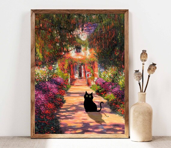 Black Cat on Flower Lined Garden Path Monet Style Art Poster