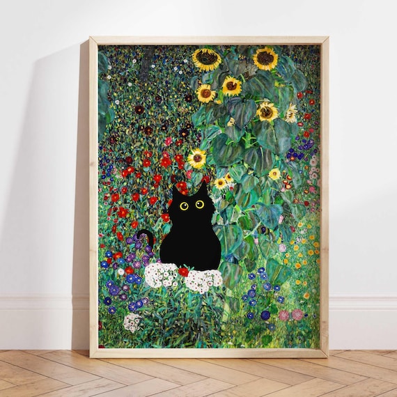 Gustav Klimt Black Cat Garden Print, Floral Gift