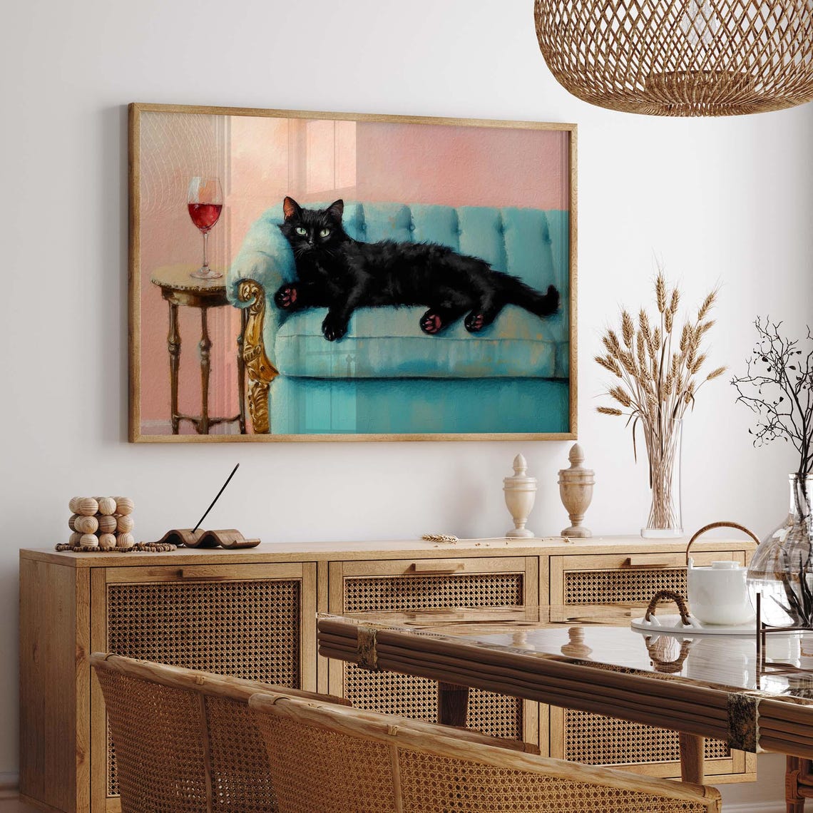 Black Cat Lounging On Turquoise Sofa With Red Wine Glass Poster - Image 4