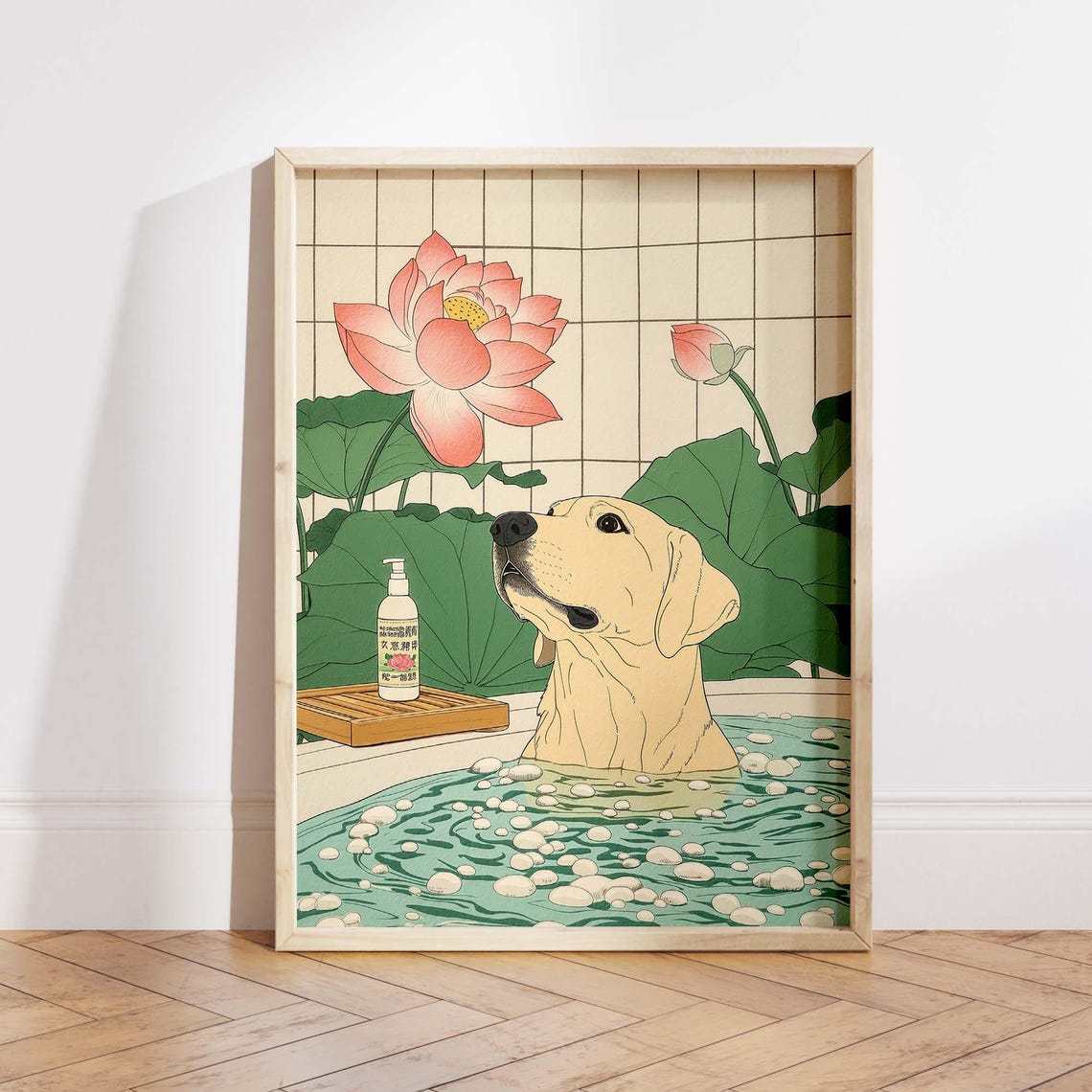 Beige Labrador Relaxing In Onsen Bath Beneath Pink Lotus Poster