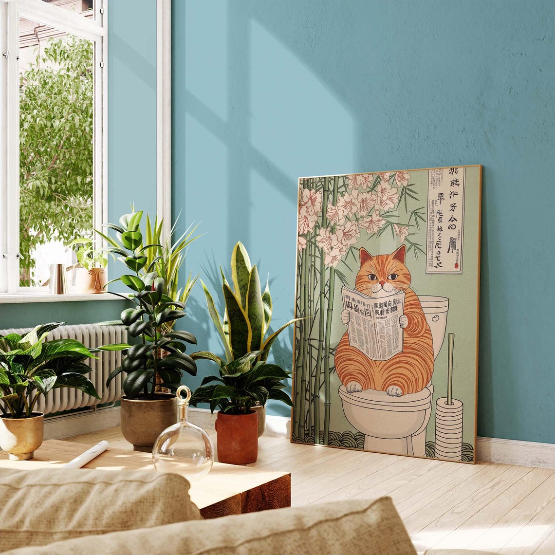 Ginger Tabby Cat On Toilet Reading Paper With Bamboo Japan Poster - Image 2