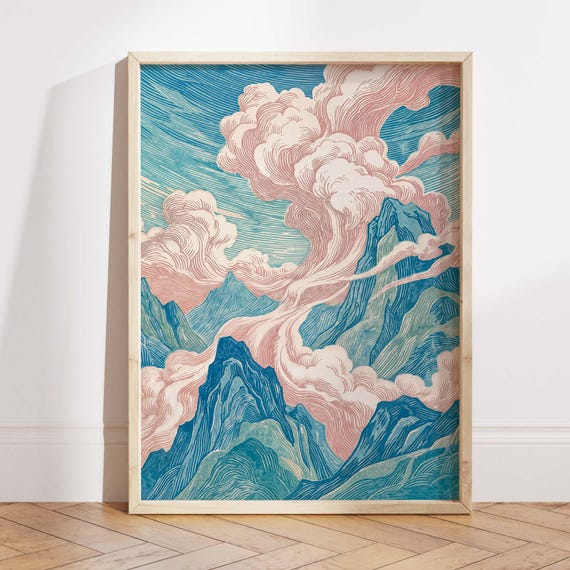Japanese Mountain Wall Art Print Blue Pink Landscape Poster Japandi Cloud Decor For Bedroom Or Living Room