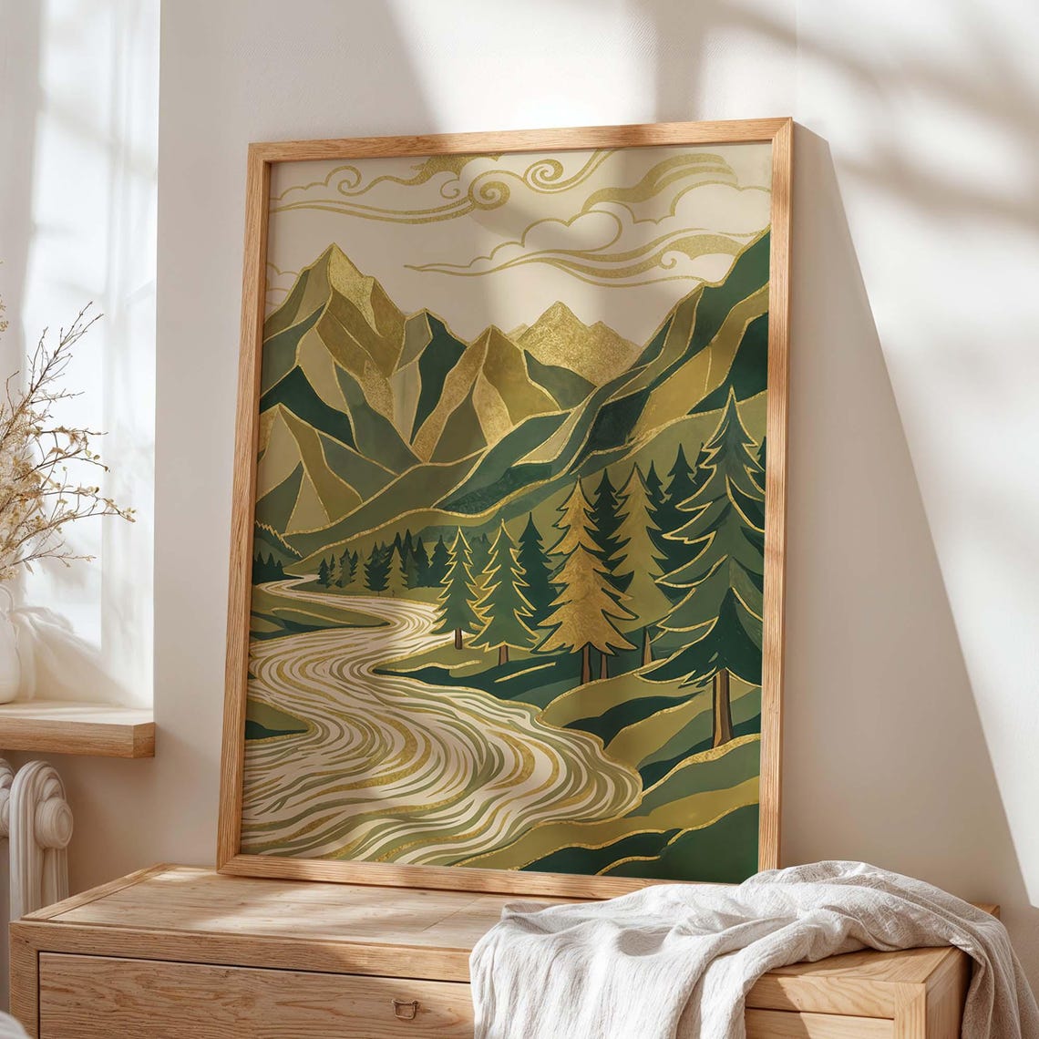 Green Gold Mountain River Poster Pine Forest Landscape Nature Art