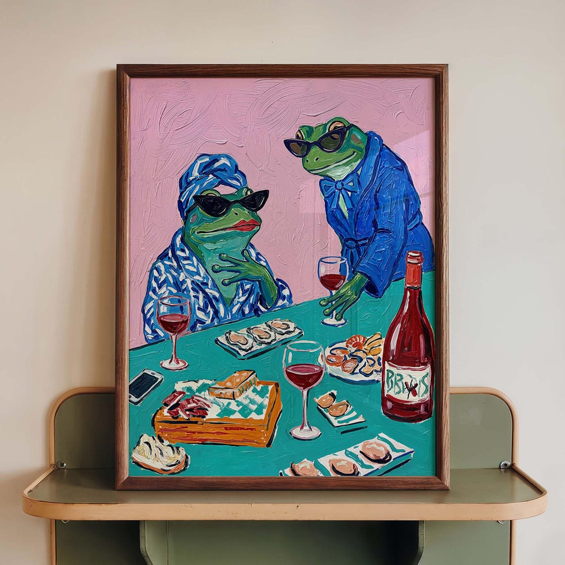 Funny Frog Wine Night Pink Maximalist Whimsical Kitchen Wall Art