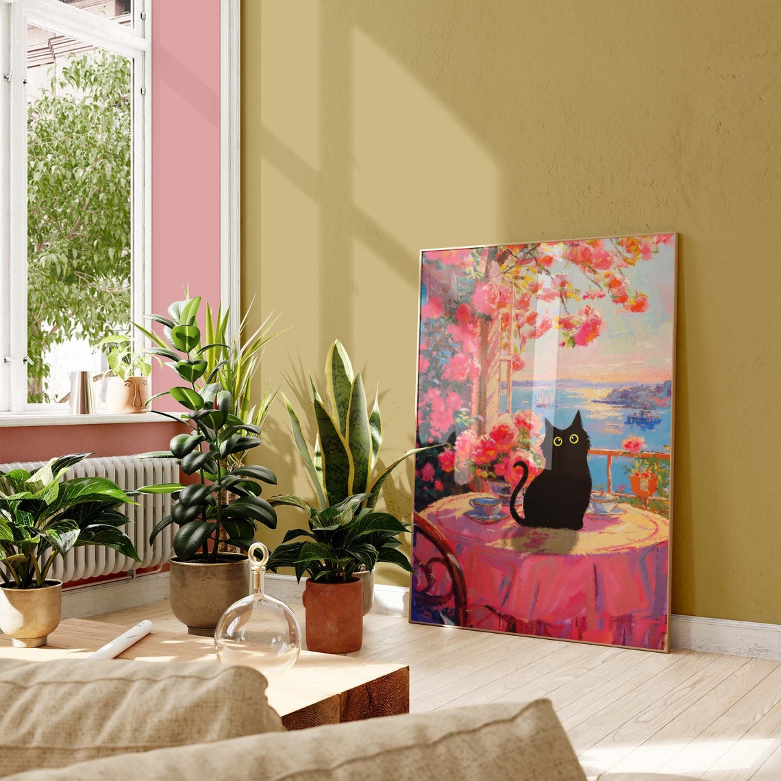 Black Cat On Cafe Table Overlooking Pink Blossom Seaside Harbor Poster - Image 3