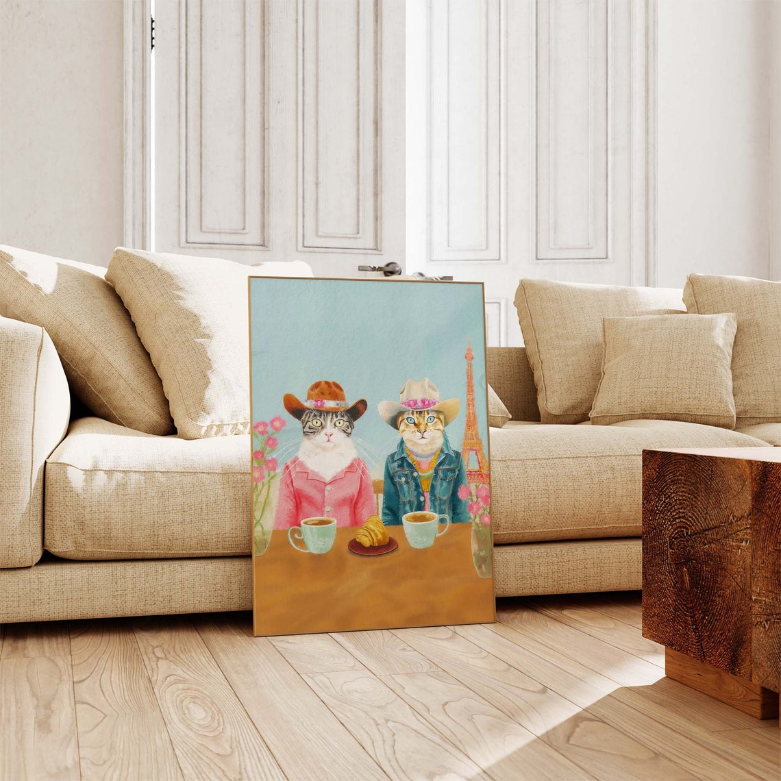 Two Cowboy Cats Having Coffee and Croissants in Paris Poster - Image 4