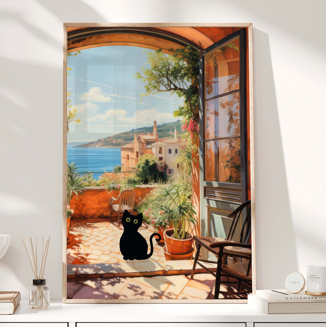 Black Cat on Sunny Mediterranean Sea Terrace Open Window Poster - Image 3