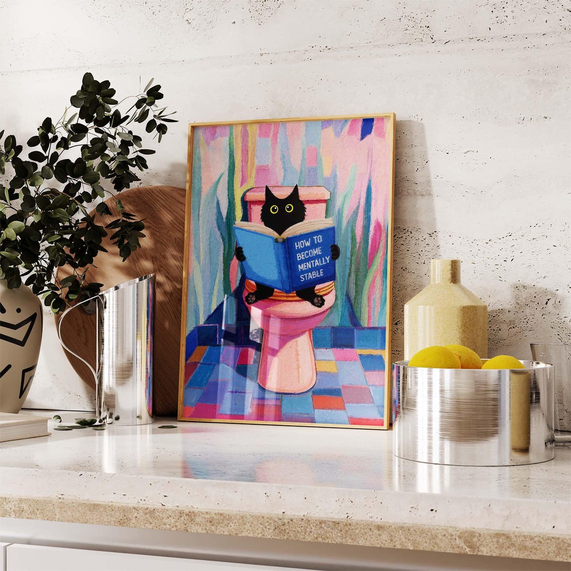 Black Cat Reading on Pink Toilet Funny Bathroom Humor Poster - Image 2