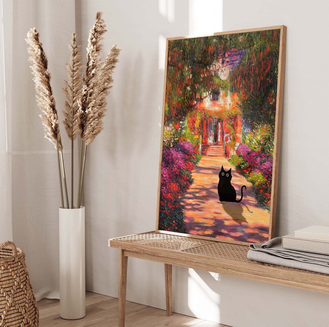 Black Cat on Flower Lined Garden Path Monet Style Art Poster - Image 4