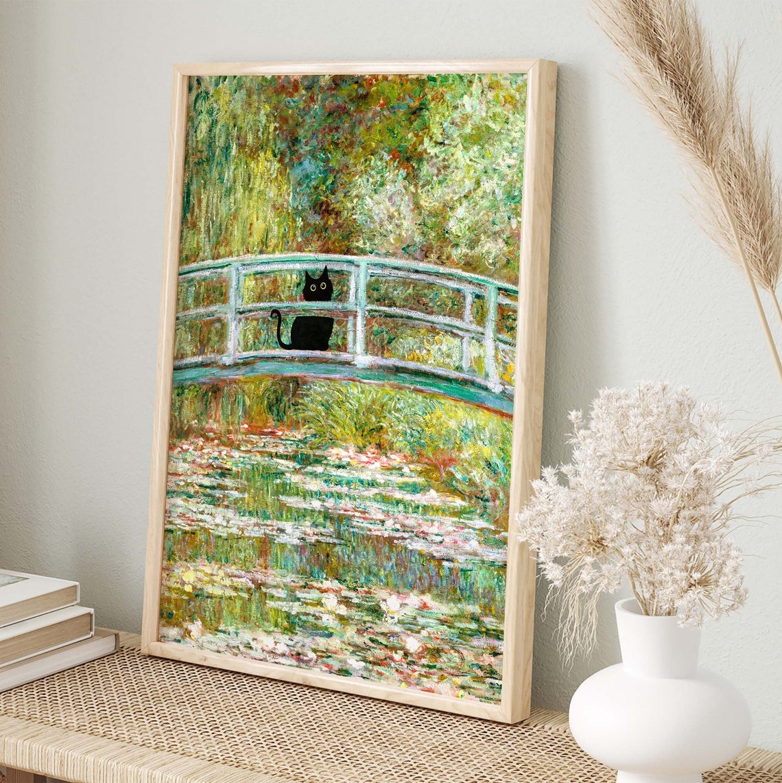 Black Cat Standing On Monet Water Lily Garden Bridge Art Poster - Image 2