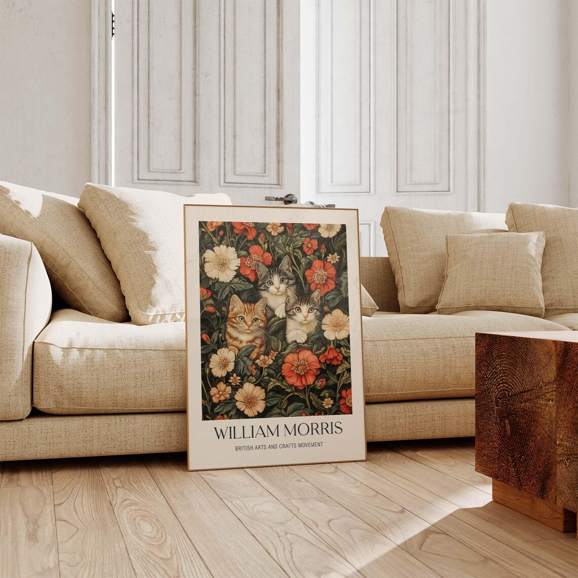 William Morris Inspired Three Kittens Among Red Poppies Floral Poster - Image 4