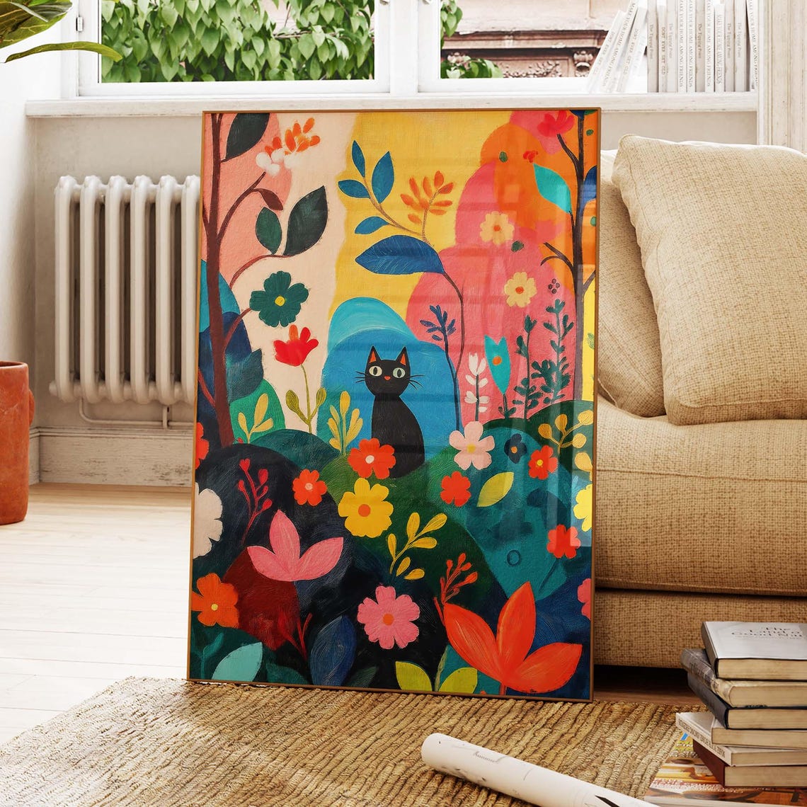 Black Cat In A Bold Matisse Style Colorful Flower Garden Poster