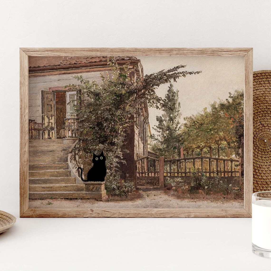 Black Cat on Vintage Garden Porch Rustic Cottagecore Cat Lover Wall Art